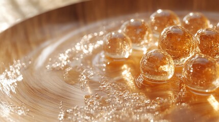 Amber Spheres: A Glimmering Symphony of Light and Texture on wooden plate