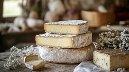 Artisanal cheese arrangement featuring soft cheese and fresh baby's breath