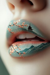 Female lips with blooming sakura and pagoda