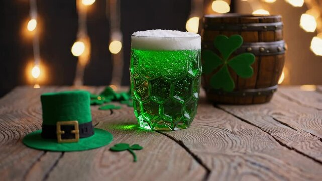 Festive st. patrick's day scene with green beer and leprechaun hat in rustic setting