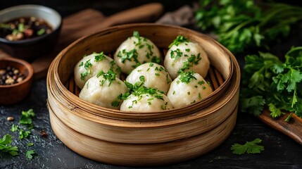 Steamed asian dumplings with fresh herbs served in bamboo steamer basket