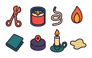 Crafting and candle outline icons set – handmade, diy, creative design symbols