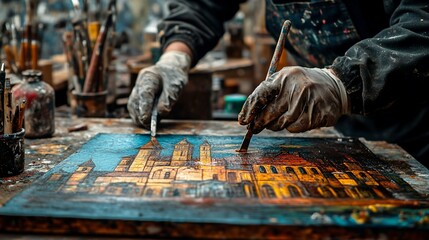 Painterly impression of a cityscape in progress on a textured canvas surface