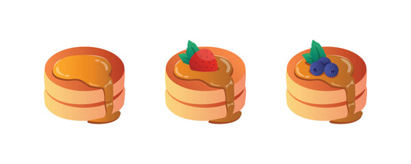Delicious pancakes with fresh strawberry and blueberries in a cartoon style. Vector illustration of fresh and fluffy pancakes drizzled with honey and berries isolated on a white background.