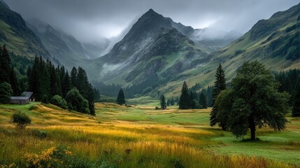 Obraz premium Dramatic highland landscape with clouds touching mountain peaks lush valley viewpoint nature scene