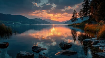 Fototapeta premium Tranquil sunset over lake mountain reflections nature photography serene environment wide view
