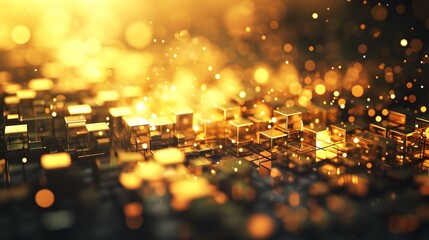 Schwebende goldene Glaskuben mit Lichtpartikeln &ndash; digitaler Traumhintergrund  

