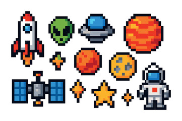 Space and astronomy pixel art icons set – retro, cosmic, celestial symbols