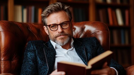 A distinguished man in a stylish jacket is engrossed in a book, seated in a cozy library environment, showcasing scholarly elegance and a passion for literature.