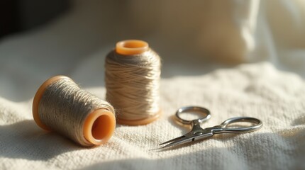 Spool of thread and scissors on fabric