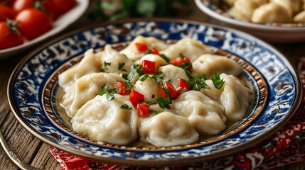 Authentic pelmeni adorned with fresh herbs, served on ornate plate for cultural dining