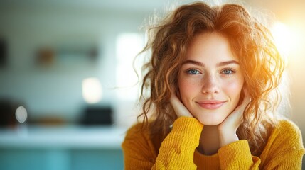 A joyful young woman with curly hair smiles warmly in a bright indoor environment, radiating positivity and happiness, showcasing the beauty of human emotion in daily life.