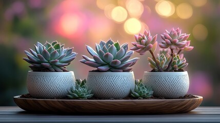 Three succulents in small pots on a wooden tray.