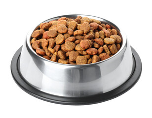 Dog Food in Stainless Steel Bowl Isolated Pet Food Nutrition Transparent Background