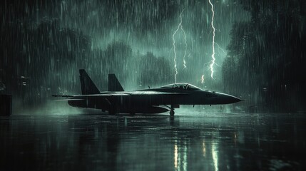 F-18 Fighter Jet on Tarmac During Rainstorm with Lightning