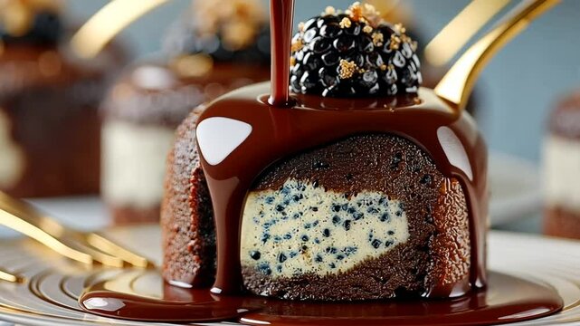 Gourmet chocolate dessert with berry topping and drizzle