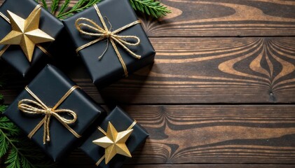 Fototapeta premium Black & striped wrapped gifts, star decor, wooden background Overhead view , top view, xmas
