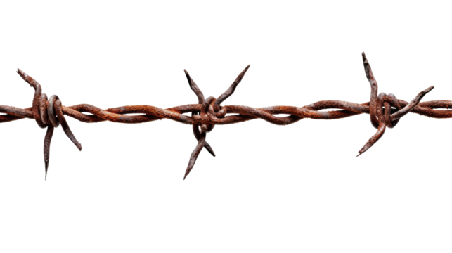 Rusty Barbed Wire isolated on transparent white background, clipping path