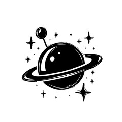 Stylized planet graphic with orbiting ring and cosmic starfield illustration