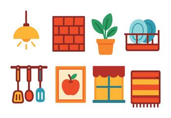 Home and kitchen icons set: colorful flat decor and appliance symbols