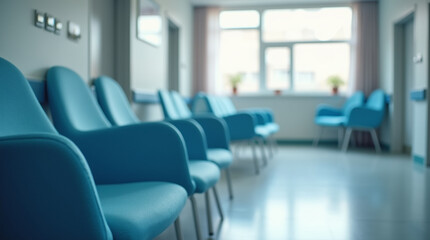  Quiet Anticipation: Close-Up of a Hospital Waiting Room with Modern Blue Chairs and Soft Ambient Lighting