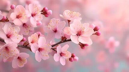 Naklejka premium Gentle light illuminates delicate pink cherry blossoms clustered on a slender branch, creating a soft, serene, and ethereal scene that evokes sptime beauty.