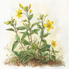 Watercolor illustration of St. John's Wort growing on the ground with soft, natural tones