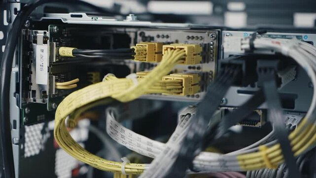 Close-up view of cabling inside a data center, showcasing various connections as technicians work efficiently to maintain systems. The environment is high-tech and busy.