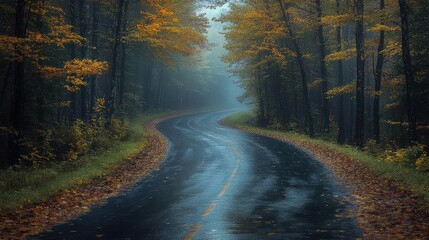 Obraz premium Winding road through a misty autumn forest.