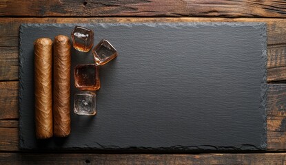 Dark stone slab with cigars and ice