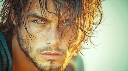Dreamy soft-focus close-up of a young man with tousled hair, ethereal atmosphere, pastel tones.