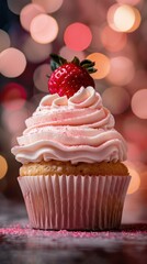 Close-up of vanilla cupcake with strawberry and pink cream topping.