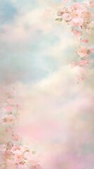 A soft, ethereal background featu delicate pink roses borde a dreamy, pastel-colored sky, creating a romantic and tranquil atmosphere for various design projects.