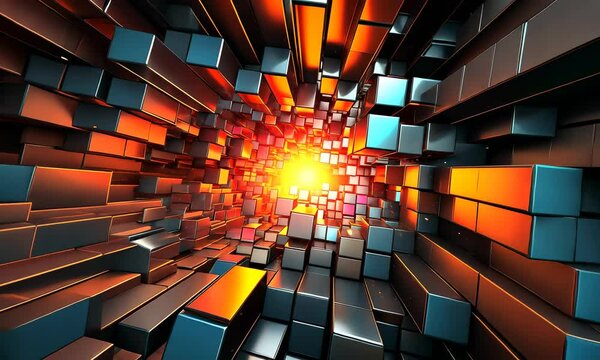 Abstract geometric background with cubes, camera flying ti the light in the end of tunnel 