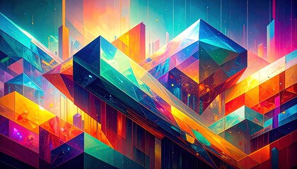 ネオンカラーと数字が彩る幾何学的な光景、前衛的に描かれた近未来都市