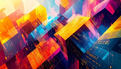 ネオンカラーと数字が彩る幾何学的な光景、前衛的に描かれた近未来都市