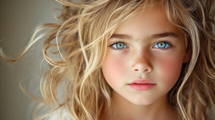 Naklejka premium Editorial beauty close-up of a little girl with soft curls, glowing skin, delicate pastel tones.