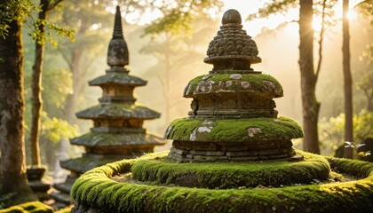 Ancient Stone Pagoda in a Misty Forest: Serenity and Tranquility