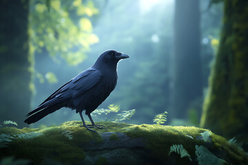 Fototapeta premium A solitary crow perched on a moss-covered log in a serene, sun-dappled forest setting