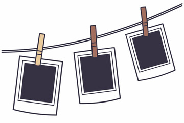 20 photo frames on rope, minimal, simple, hanging on clothesline, blank polaroid photos, realistic