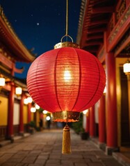 Illuminated Red Lantern in a Chinese Temple at Night