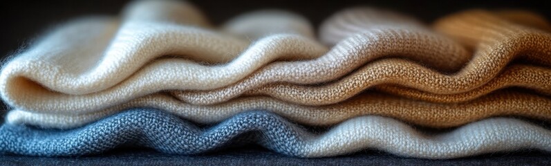 Fototapeta premium A close up of a pile of knits on a table woven cashmere smooth satin