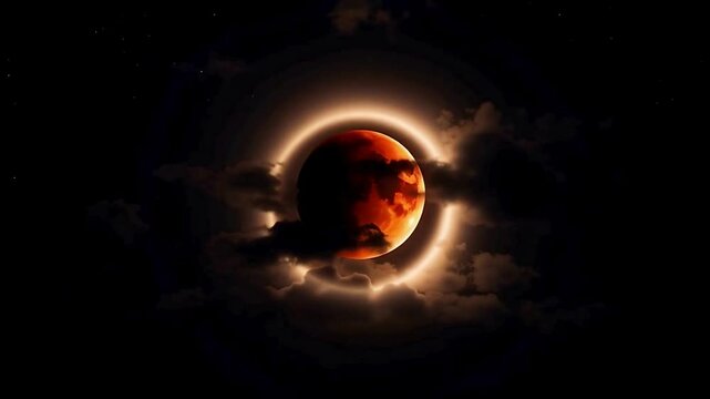 Watch the stunning blood moon eclipse glowing in the night sky with dark clouds around it