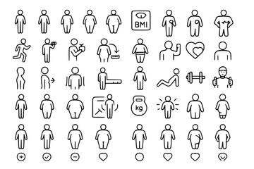 People body different weights line icon set. Vector pictograms of figure, scale, overweight, underweight, pregnant, BMI, health, thin linear illustration. 