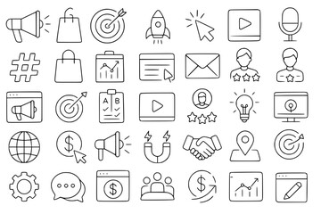 Marketing line icon set. Vector pictograms of hashtag, content video, shopping, loyalty, handshake, partnership, billboard, strategy, idea, click, thin linear illustration.