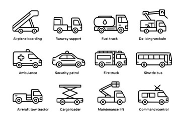 Public service municipal transport line icon set. Vector pictograms of sewer, inspection, firefighting, rescue, ambulance, graffiti removal, water tanker, thin linear illustration.