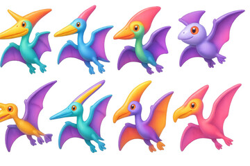 Fototapeta premium Colorful 3d y2k dinosaur icons set – pterodactyl, bright, vibrant, cartoon, wings, flight. 3D icon set
