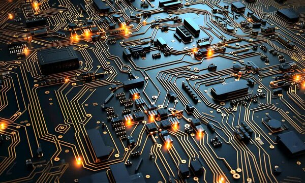 Supercomputer CPU and GPU, circuits mother board interconnection with neon glowing light