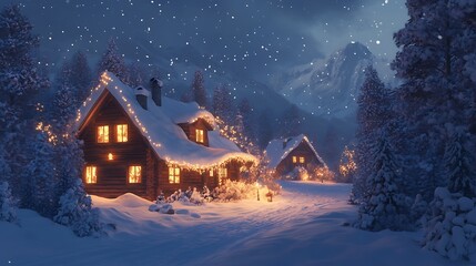 Naklejka premium Snowy Mountain Cabin Christmas Night.