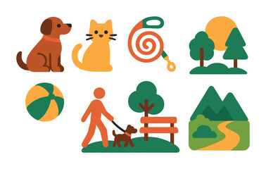Fototapeta premium Pet and nature flat icons set – silhouette, animal, walking and outdoor symbols